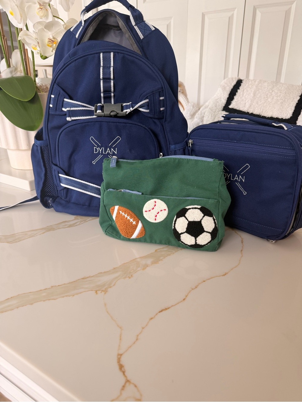Pottery Barn kids Navy Backpack with Matching Lunch Bag and Green Sports Pouch